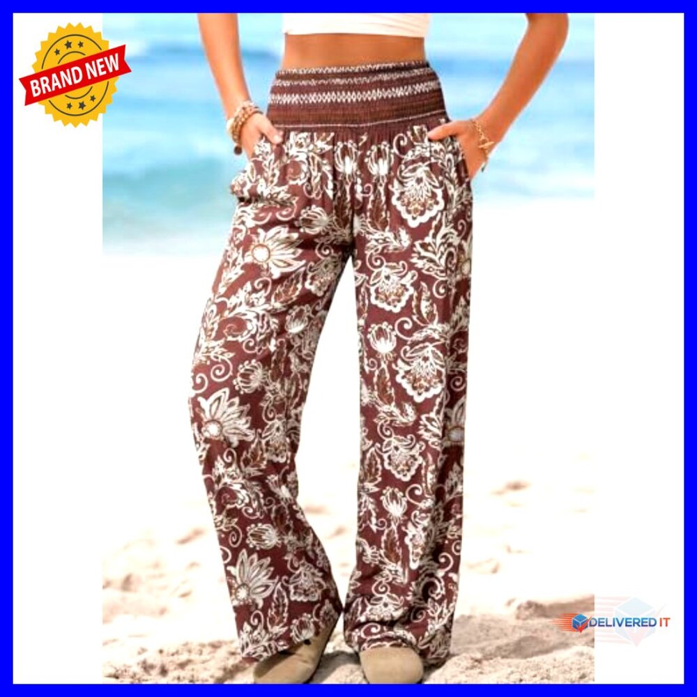 Wide Leg Palazzo Pants Smocked Waist Casual Loose Fit with Pockets - Picture 3 of 6